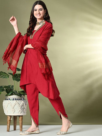 Dhiyona SN Women's Square Neck Flared Sleeves High-Low A-Line Kurta With Dhoti Pant & Dupatta