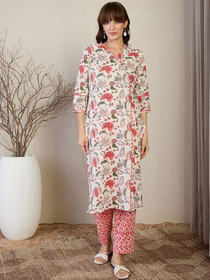 Women Floral Printed Cotton Kurta with Trousers & Dupatta