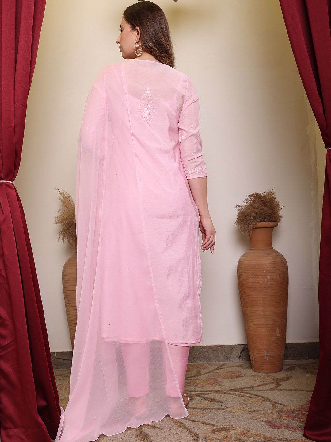 Dhiyona PD Women Chikankari Embroidered Straight Kurta With Trouser & Dupatta