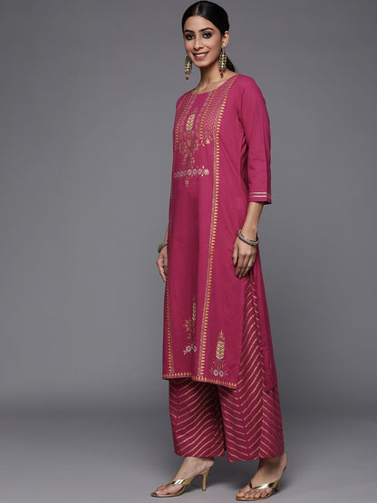 Dhiyona VA Women's Fuchsia Pink & Golden Floral Print Cotton Kurta with Palazzos & Dupatta