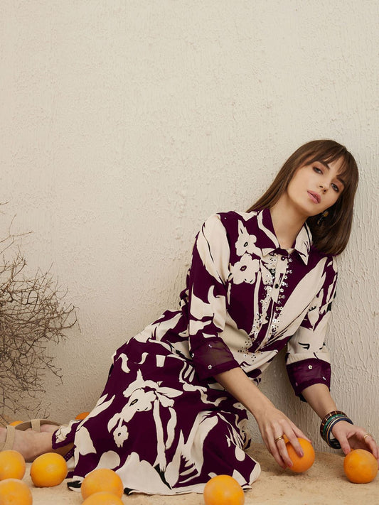 Dhiyona IE Women Shirt Coller Floral Printed Regular Sequinned Kurta with Trousers