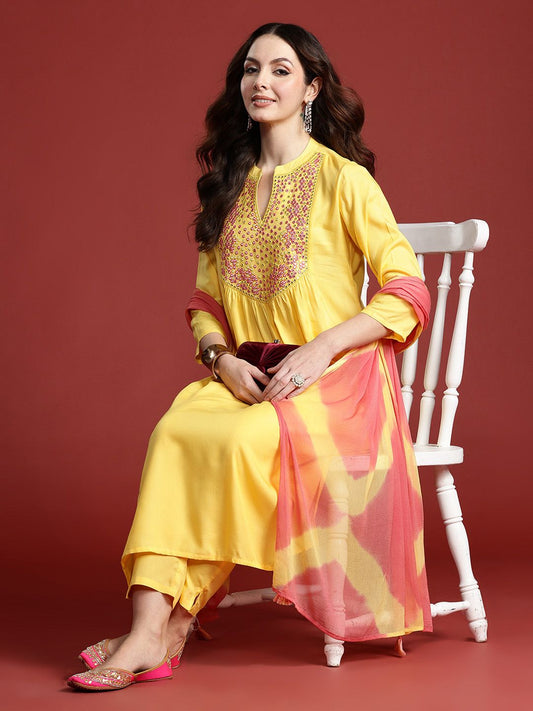 Dhiyona IE Women Embroidered Panelled Mirror Work Pure Cotton Kurta with Trousers & Dupatta