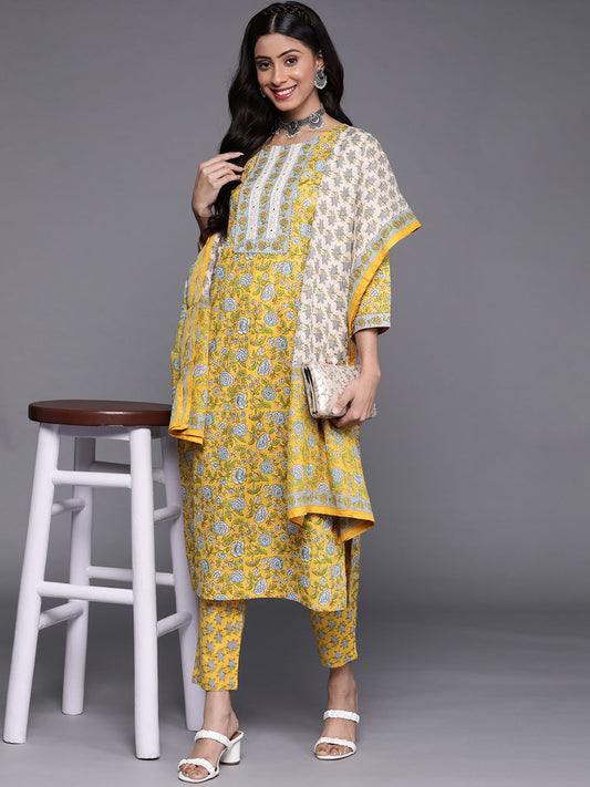 Dhiyona VA Women's Yellow Floral Printed Pure Cotton Kurta with Trousers & With Dupatta