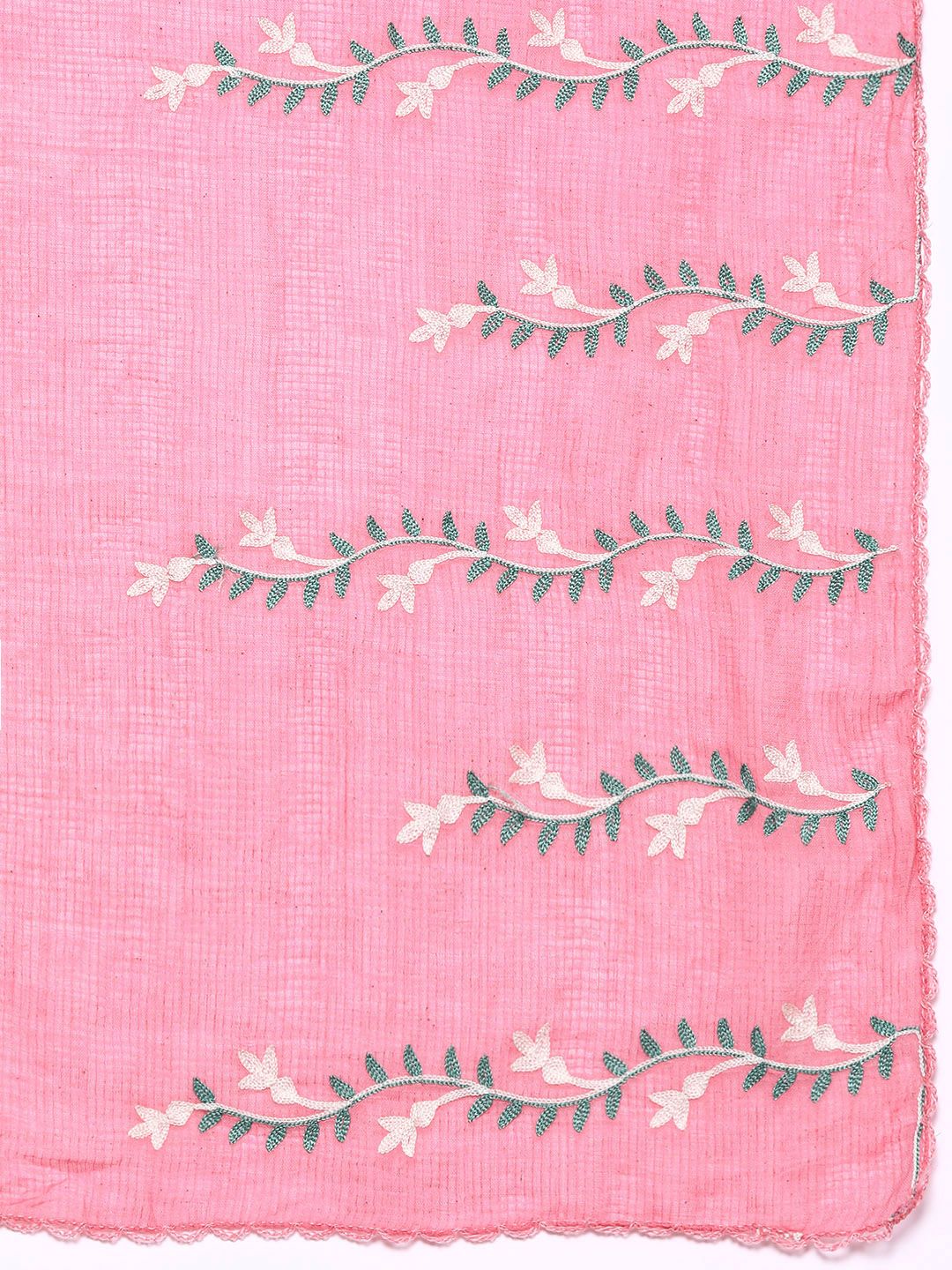 Women White & Pink Floral Embroidered Straight Kurta Trousers Dupatta