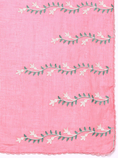 Women White & Pink Floral Embroidered Straight Kurta Trousers Dupatta