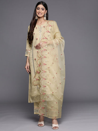 Dhiyona VA Women'sFloral Embroidered Mirror Work Kurta with Trousers & Dupatta