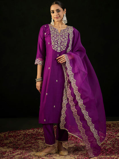 Dhiyona IE Notched Neck Floral Embroidered Liva Kurta with Trouser & Dupatta