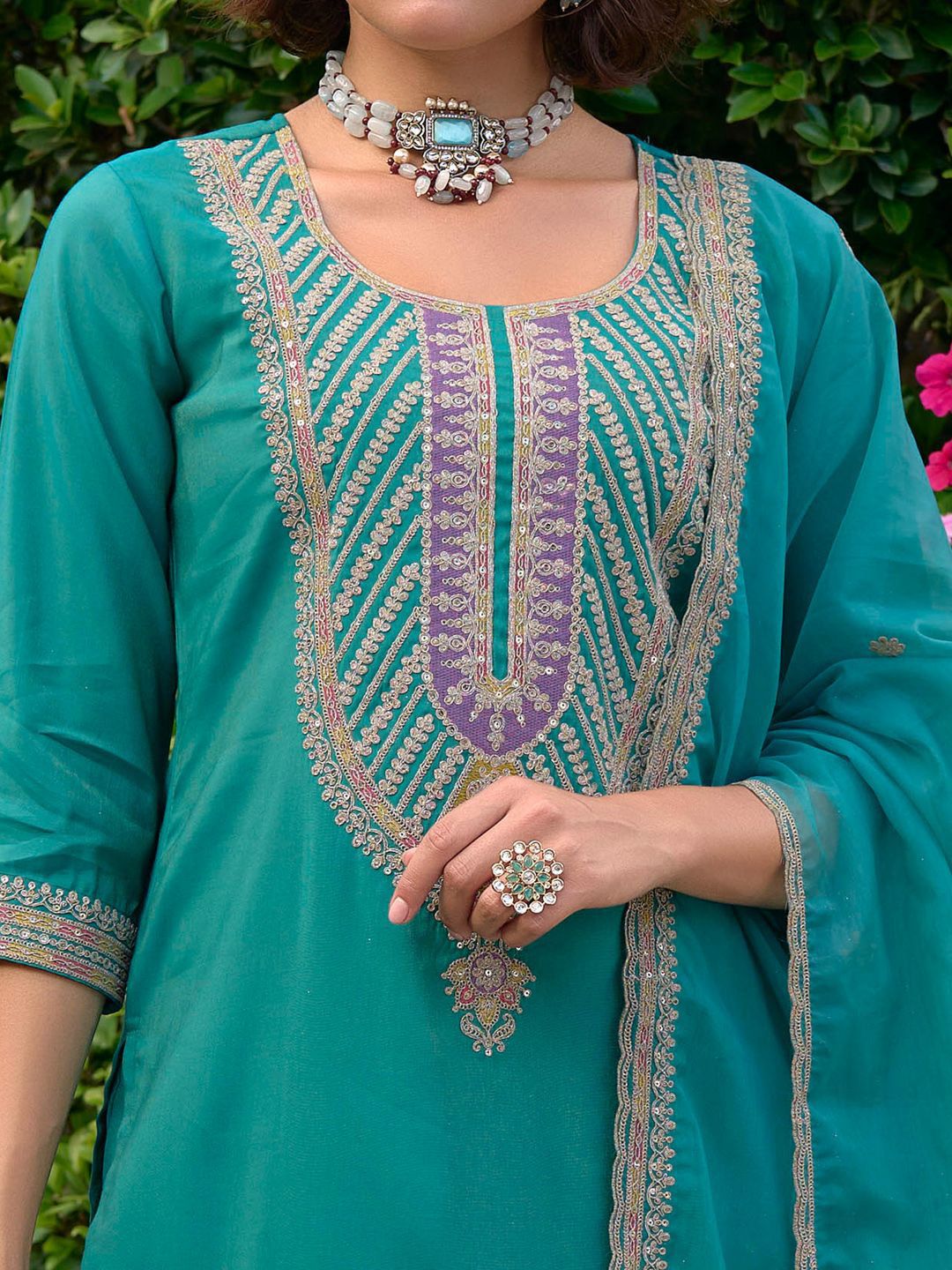 Ethnic Motifs Yoke Design Straight Kurta with Trousers & Dupatta