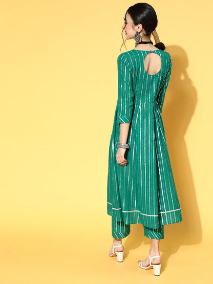 Dhiyona VA Women's Green & Silver Striped Gotta Patti Kurta Set