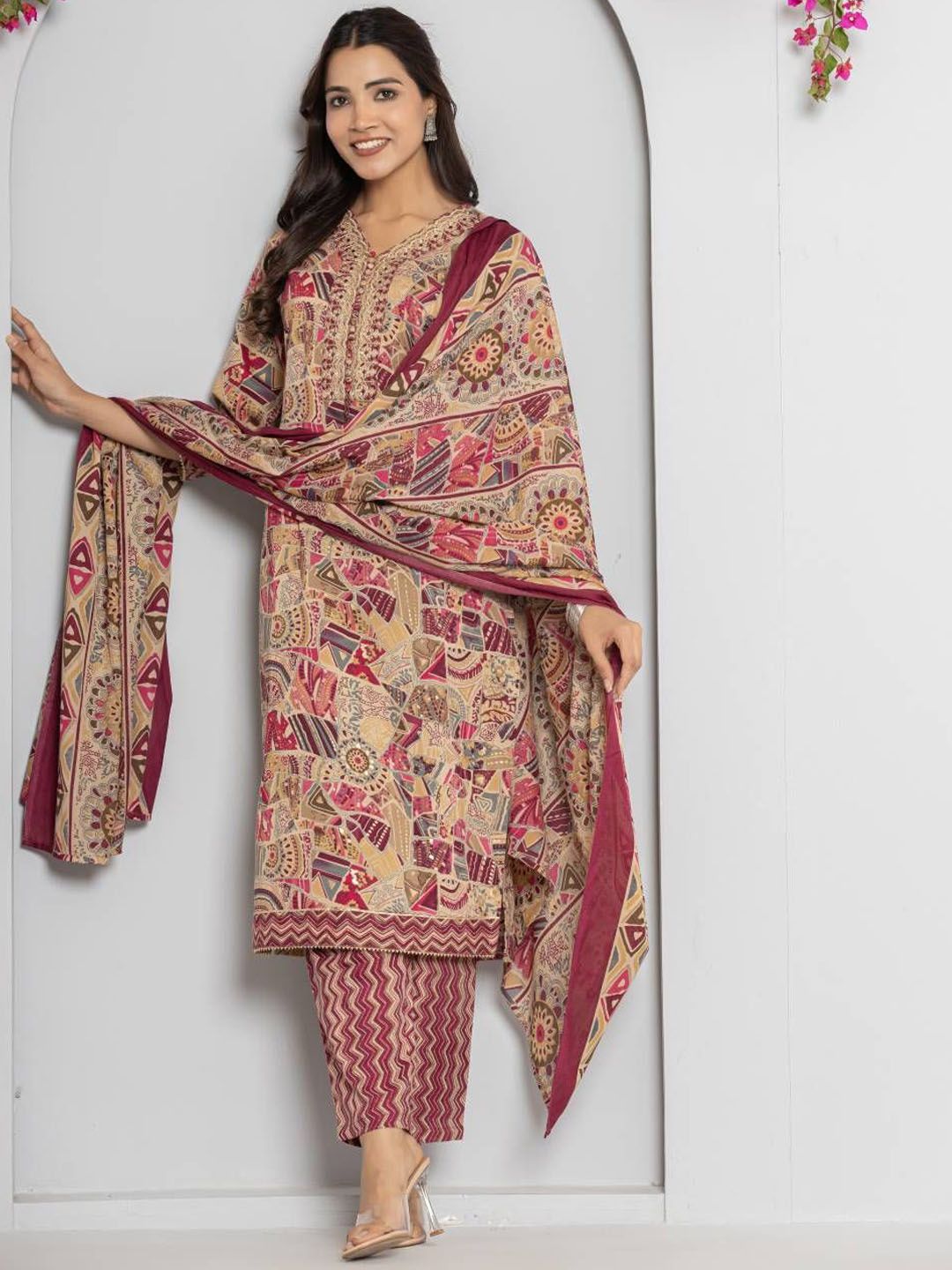 Dhiyona VA Women's Abstract Printed Neck Embroidered Regular Kurta with Trouser & Dupatta