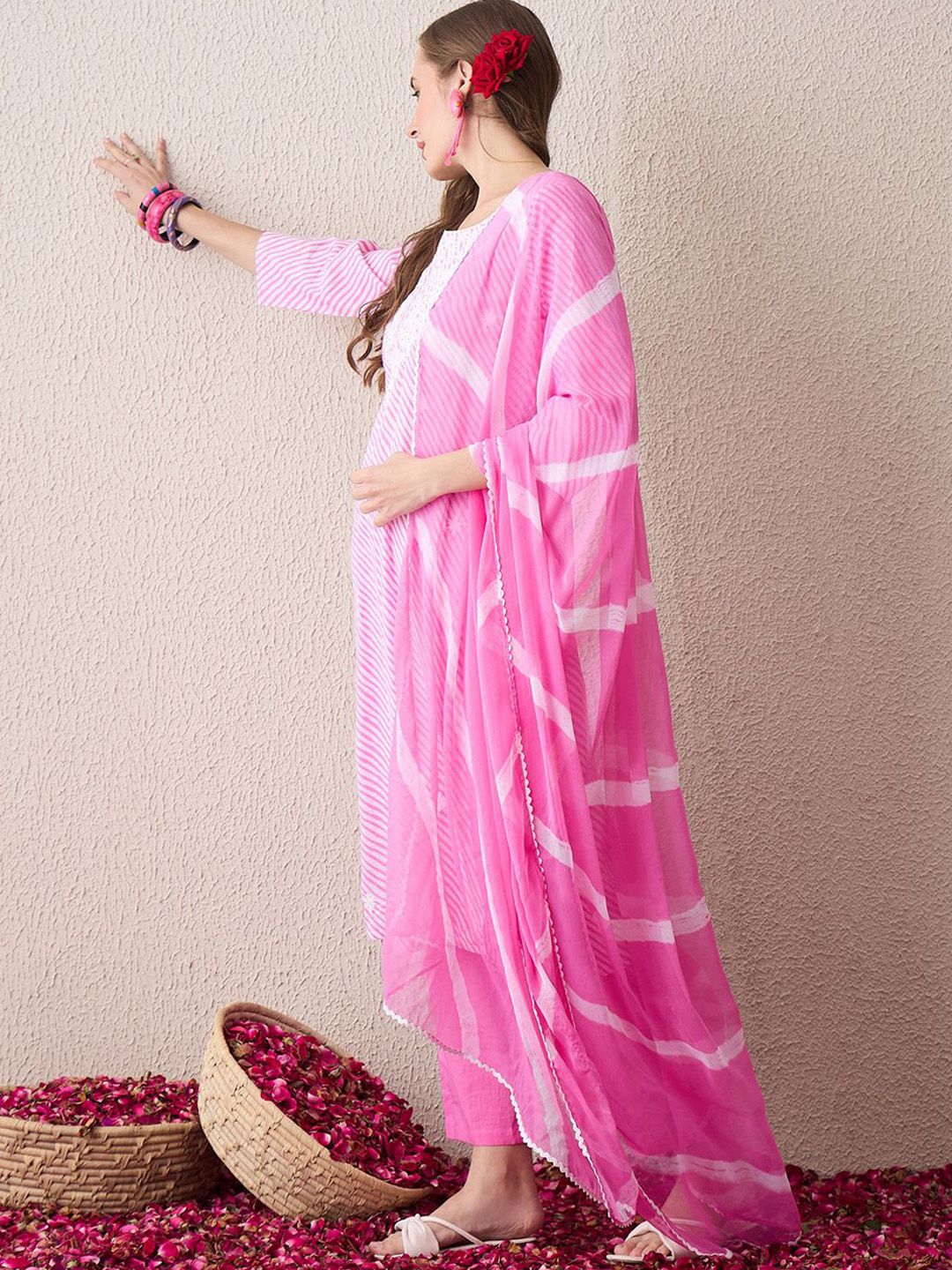 Floral Embroidered Thread Work Pure Cotton Straight Kurta With Trousers & Dupatta