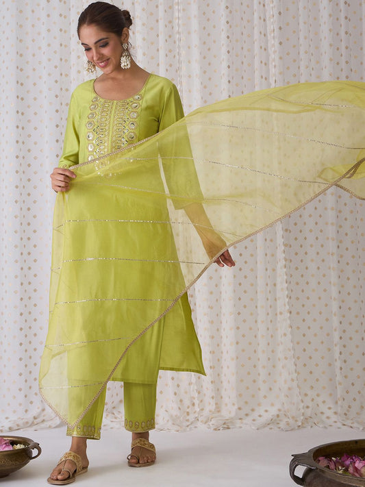 Dhiyona IE Geometric Embroidered Round Neck Liva Straight Kurta with Trousers & Dupatta
