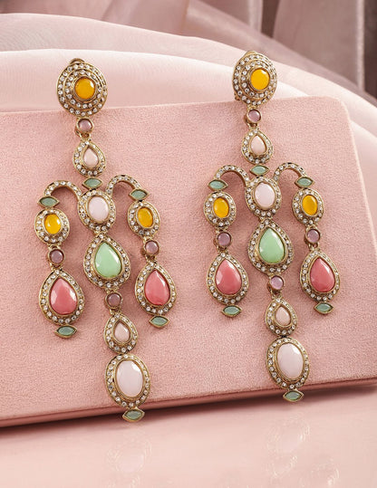 Dhiyona RJ Women's 22K Mehandi Gold-Plated Classic Gemstone & Zirconia Studded Chandelier Earrings