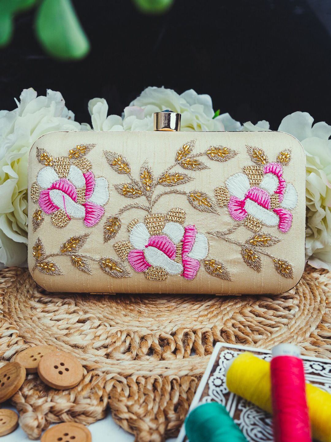 Dhiyona NR Women Beige & Pink Hand Embroidered Box Clutch