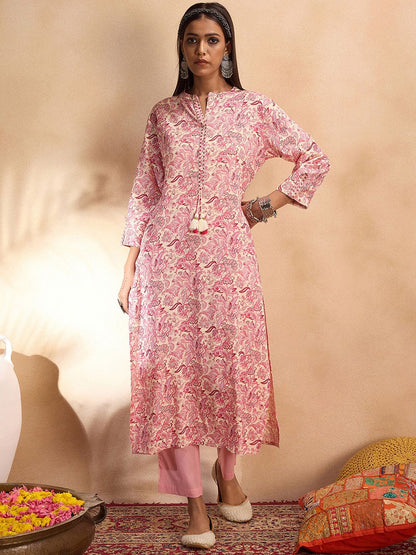 Dhiyona IE Floral Printed Embroidered Thread Work Straight Kurta