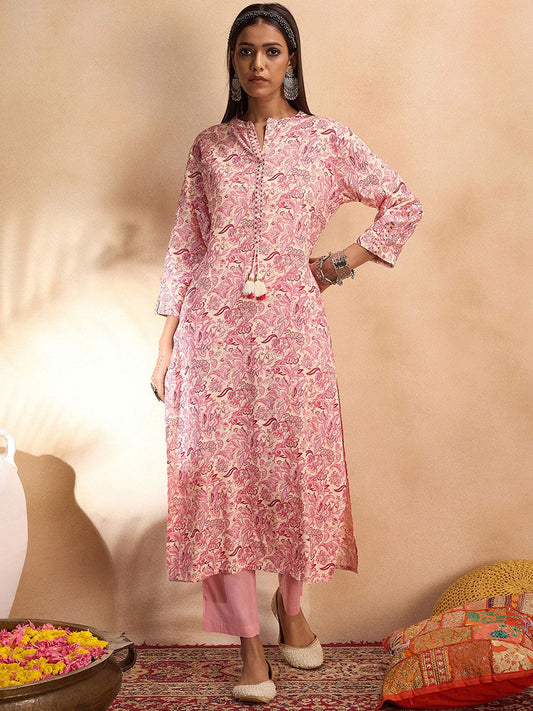 Dhiyona IE Floral Printed Embroidered Thread Work Straight Kurta