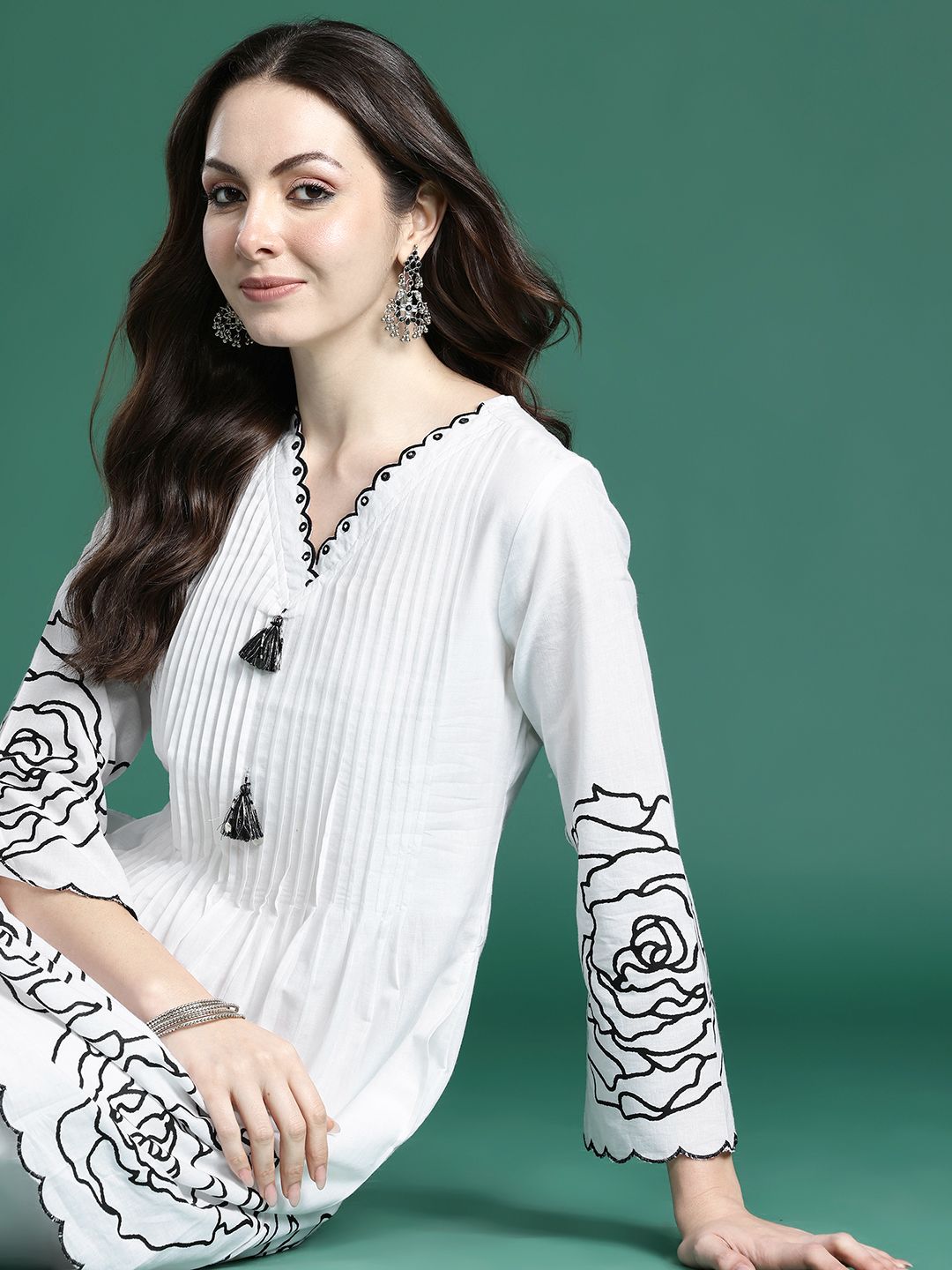 Dhiyona IE Floral Printed Pleated Mirror Work Pure Cotton Kurta with Palazzos