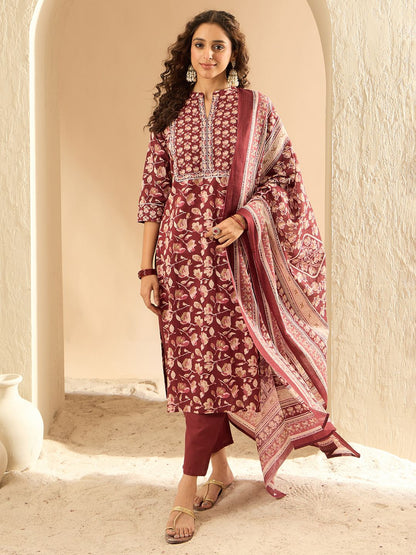 Dhiyona IE Women Floral Printed Pure Cotton Kurta with Trouser & With Dupatta