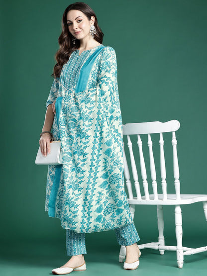 Dhiyona IE Floral Printed Kurta with Trousers & Dupatta