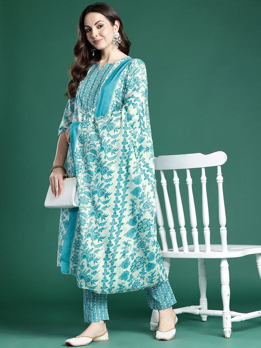 Dhiyona IE Floral Printed Kurta with Trousers & Dupatta