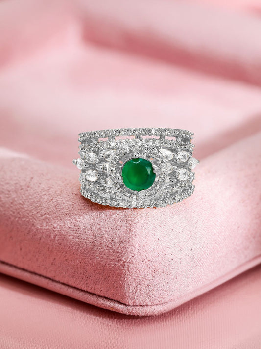 Dhiyona RJ Women's Rhodium Plated Emerald Green & Cubic Zirconia Studded Adjustable Finger Ring