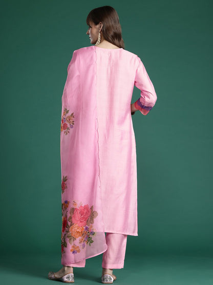 Floral Embroidered Thread Work Kurta with Trousers & With Dupatta