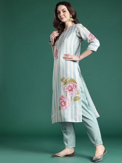 Floral Printed Beads and Stones Linen Kurta with Trousers & With Dupatta