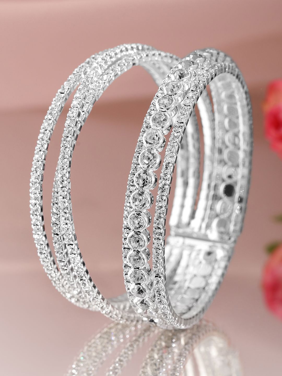 Dhiyona RJ Women's Rhodium-Plated Crystals Stone Studded Cuff Bracelet