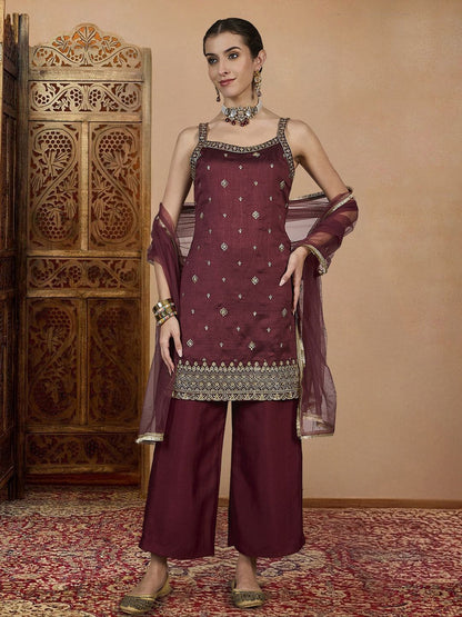 Dhiyona PD Women Embroidered Kurta, Palazzo & Dupatta Set