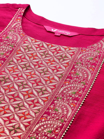 Dhiyona VA Women'sBrocade Yoke with Gota Detail Kurta with Trouser with Bandhani Printed Dupatta
