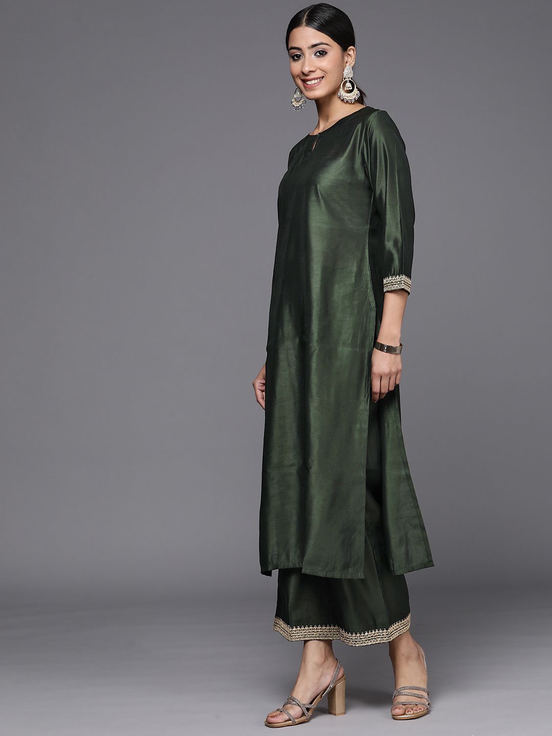 Women Green Sequinned Liva Kurta with Palazzos & With Dupatta