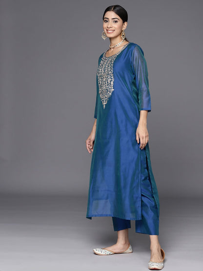 Dhiyona VA Women'sEthnic Motifs Embroidered Regular Chanderi Silk Kurta with Trousers & With Dupatta