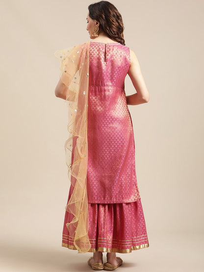 Dhiyona VA Women'sPink & Gold-Colored Brocade Sleeveless Kurta Sharara With Sequins Ruffle Dupatta