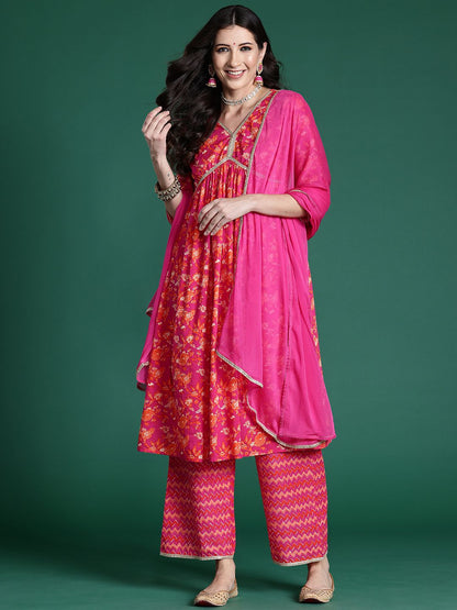 Dhiyona IE Women Floral Printed Regular Pure Cotton Kurta with Palazzos & With Dupatta
