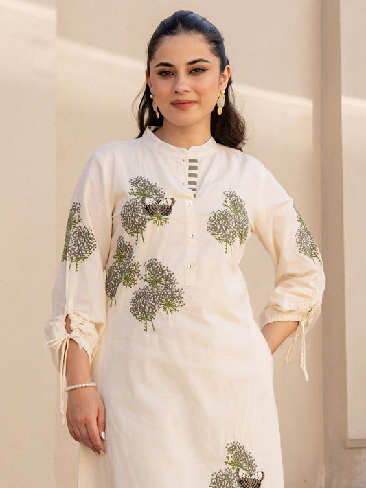 Floral Embroidered Mandarin Collar Pure Cotton A Line Kurta With Trousers
