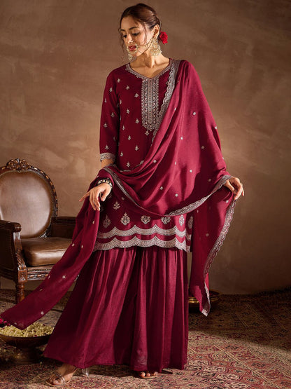 Dhiyona IE Ethnic Motifs Embroidered Sequinned Straight Kurta With Sharara And Dupatta