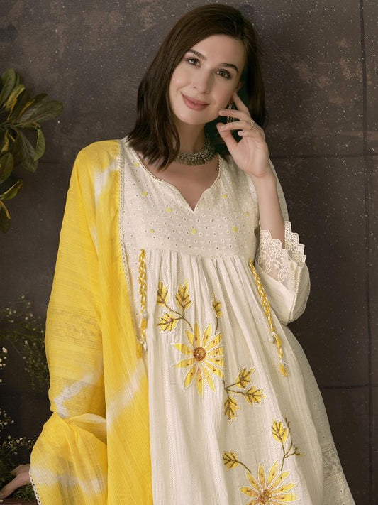 Women's Embroidered Pleated Chikankari Pure Cotton A-Line Kurta With Trousers & Dupatta