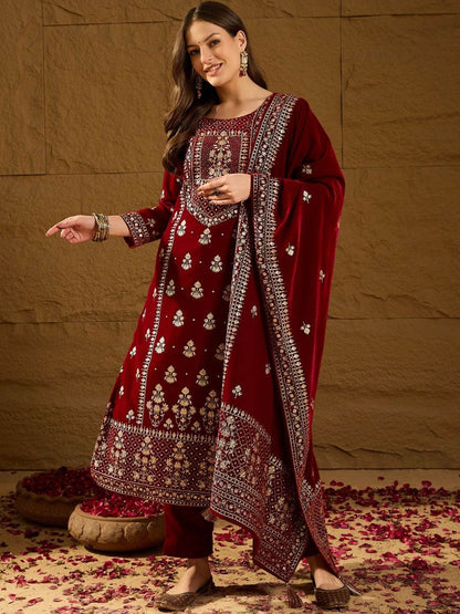 Dhiyona PD Women Embroidered Velvet Straight Kurta With Trousers And Dupatta
