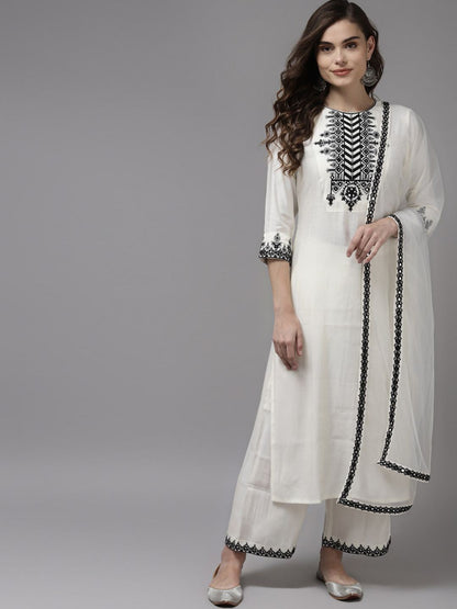 Dhiyona IE Women White Yoke Design Regular Kurta with Palazzos & With Dupatta