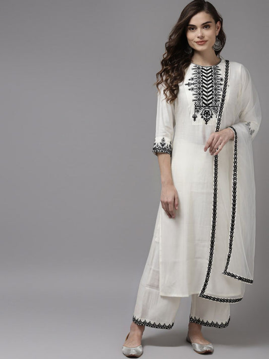 Dhiyona IE Women White Yoke Design Regular Kurta with Palazzos & With Dupatta