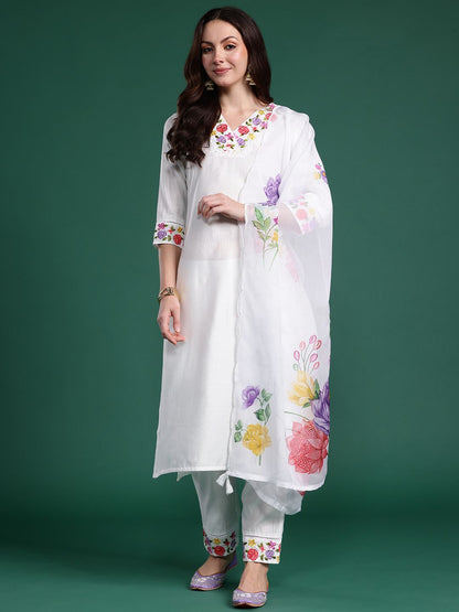 Floral Embroidered Kurta with Trousers & Dupatta