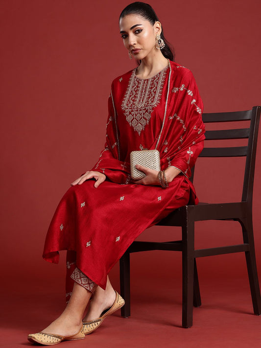 Dhiyona IE Ethnic Motifs Embroidered Sequinned Kurta With Trousers & Dupatta