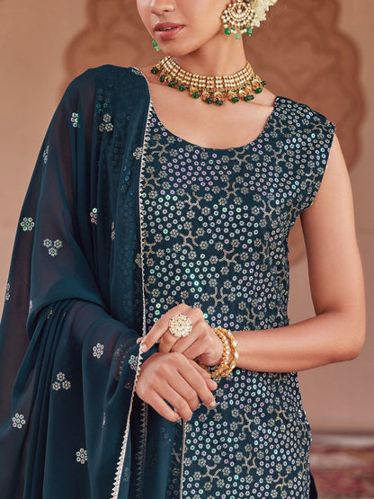 Dhiyona WP Women Embroidered Regular Sequinned Kurta with Sharara & With Dupatta