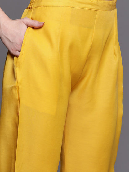 Women Mustard Yellow & White Embroidered Sequinned Kurta with Trousers