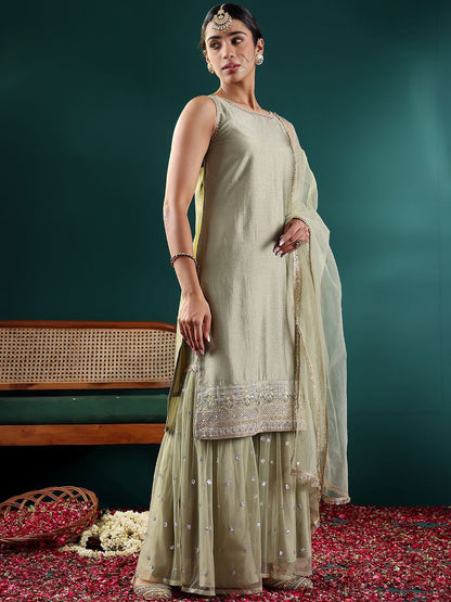 Dhiyona VA Women's Floral Embroidered Regular Kurta with Sharara & With Dupatta