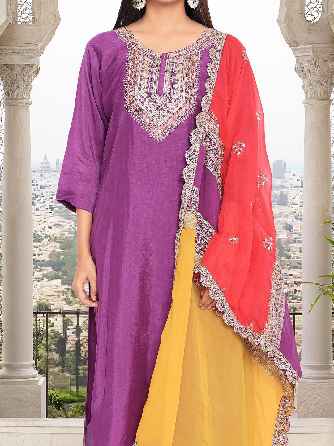 Dhiyona IS Women's Floral Yoke Design Zari Straight Kurta With Trouser And Dupatta