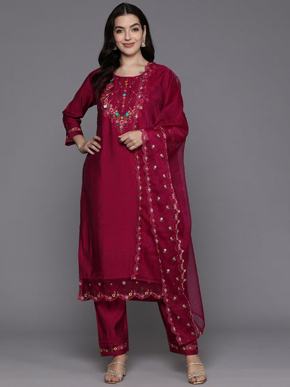 Dhiyona IE Floral Embroidered Regular Thread Work Kurta with Trousers & Dupatta