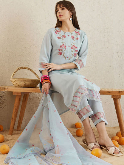 Dhiyona IE Floral Embroidered Round Neck Thread Work Kurta with Trousers & With Dupatta