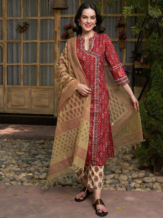Dhiyona SN Women's Maroon Floral Printed Angrakha Pure Cotton Kurta with Trousers & Dupatta