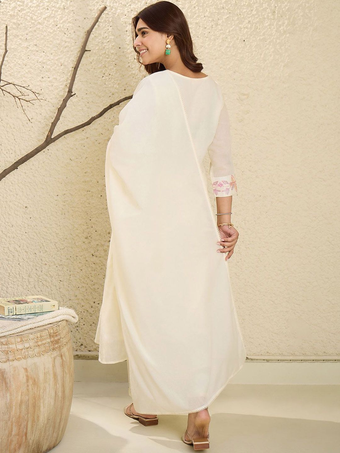 Floral Embroidered Mirror Work Pure Cotton A-Line Kurta With Trousers & Dupatta